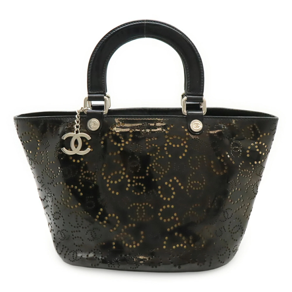 CHANEL No. 5 Coco Mark Perforated Handbag Tote Bag Enamel Patent Leather Black